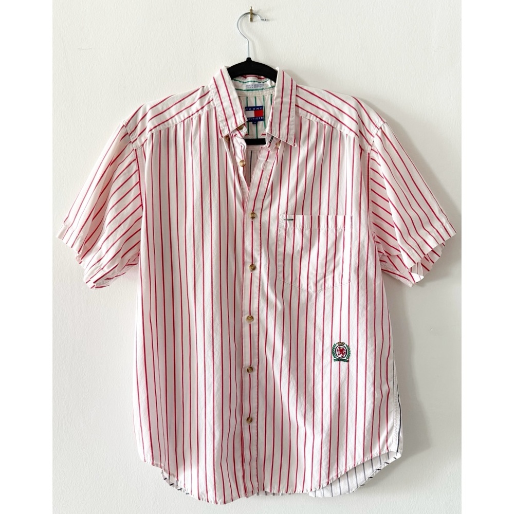Vintage Tommy Hilfiger White Red & Blue Pinstripe Short Sleeve Shirt Small (S)
